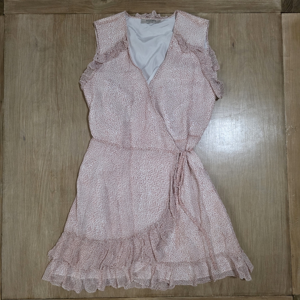 AllSaints Blush Pink Floral Wrap Dress Ruffle Hem Sleeveless Size M